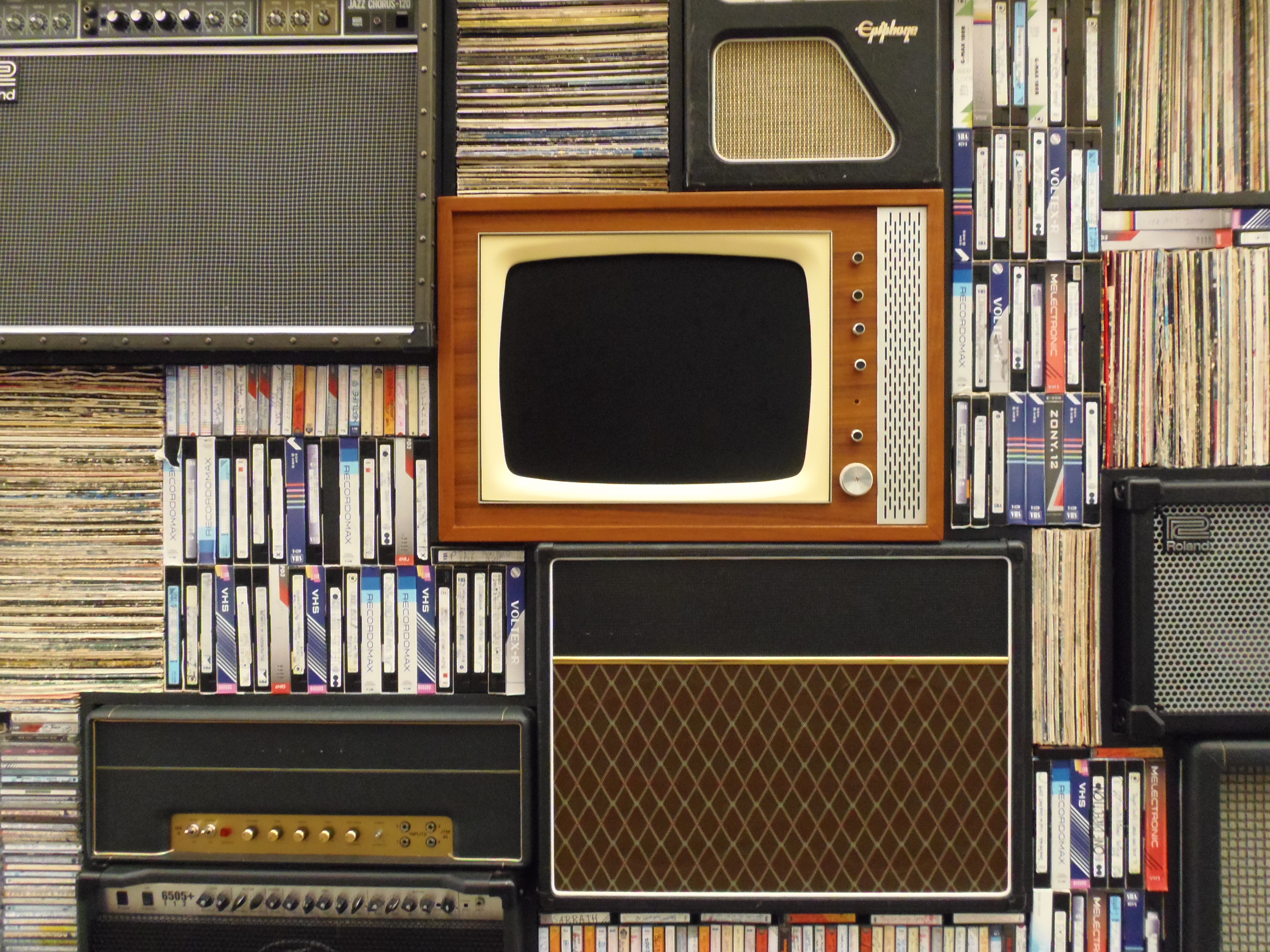 Old TV, recording tapes and vinyl